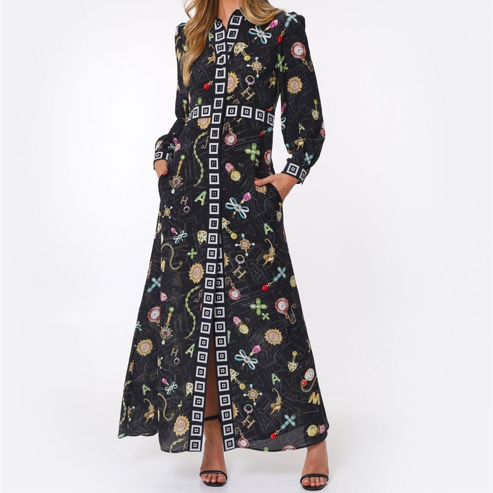 Hayley Menzies Black Patterned Long Sleeve Dress
